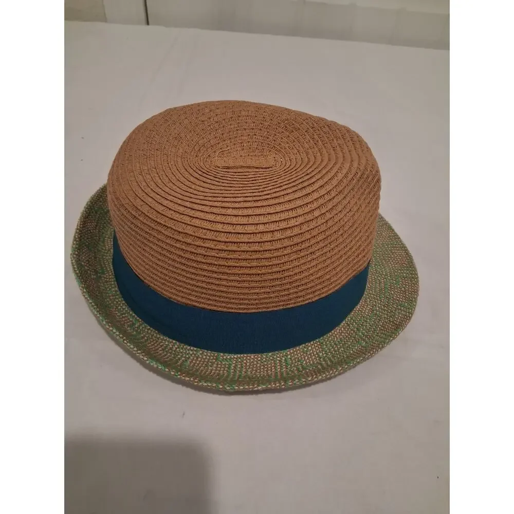 Target Women's Straw Fedora Trilby Hat Brown Green Woven Short Brim Ribbon Band